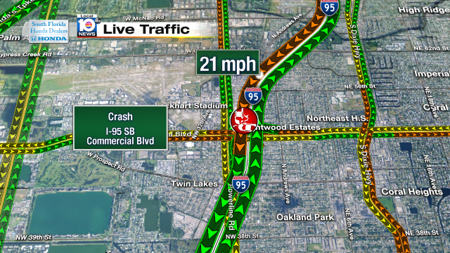 Crash on I-95 SB at Commercial Blvd. Speeds at 21mph #traffic #broward @JeniseFernandez http://t.co/yq895twRmg