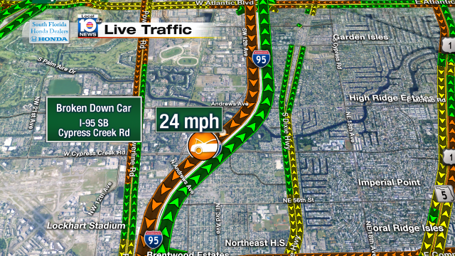 Broken down car on I-95 SB at Cypress Creek Rd. Speeds at 24mph #traffic #broward @JeniseFernandez http://t.co/MGaVNTWW1U
