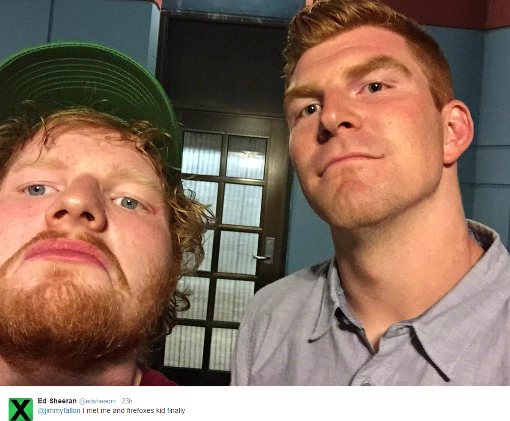 SportsCenter's tweet photo. Ed Sheeran and Andy Dalton, quite the dynamic duo. (via @edsheeran ) http://t.co/Wxd2GXO7cv
