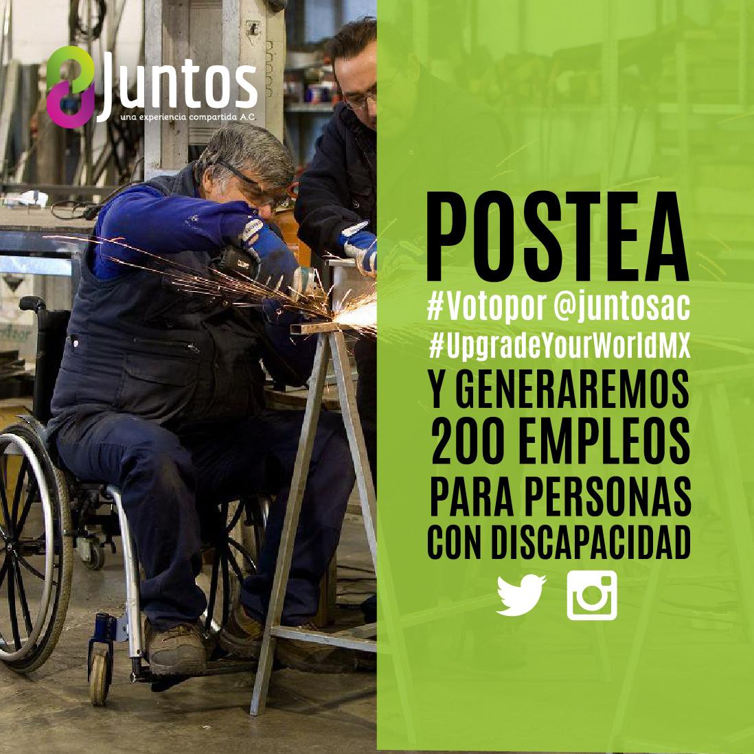 juntosac's tweet photo. Si tuiteas esto: #Votopor @juntosac #UpgradeYourWorldMX 
Daremos empleo a 200 pers con #discapacidad ¿nos ayudas? http://t.co/pDiQtmFLN2