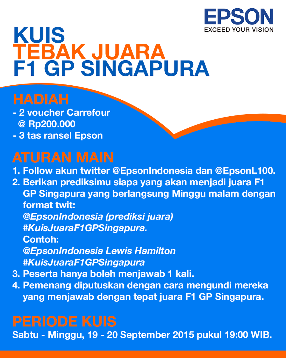 EpsonIndonesia's tweet photo. Lomba balap F1 GP Singapura akan berlangsung Minggu malam. Yuk kita mainkan #kuis-nya.. :) http://t.co/6ECKn7BgVJ