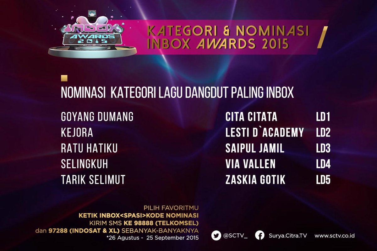 InboxSCTV_'s tweet photo. Nominasi "Lagu Dangdut Paling Inbox".
Ketik INBOX(spasi)Kode Nominasi kirim ke 98888 / 97288. http://t.co/8epYLn3uzc