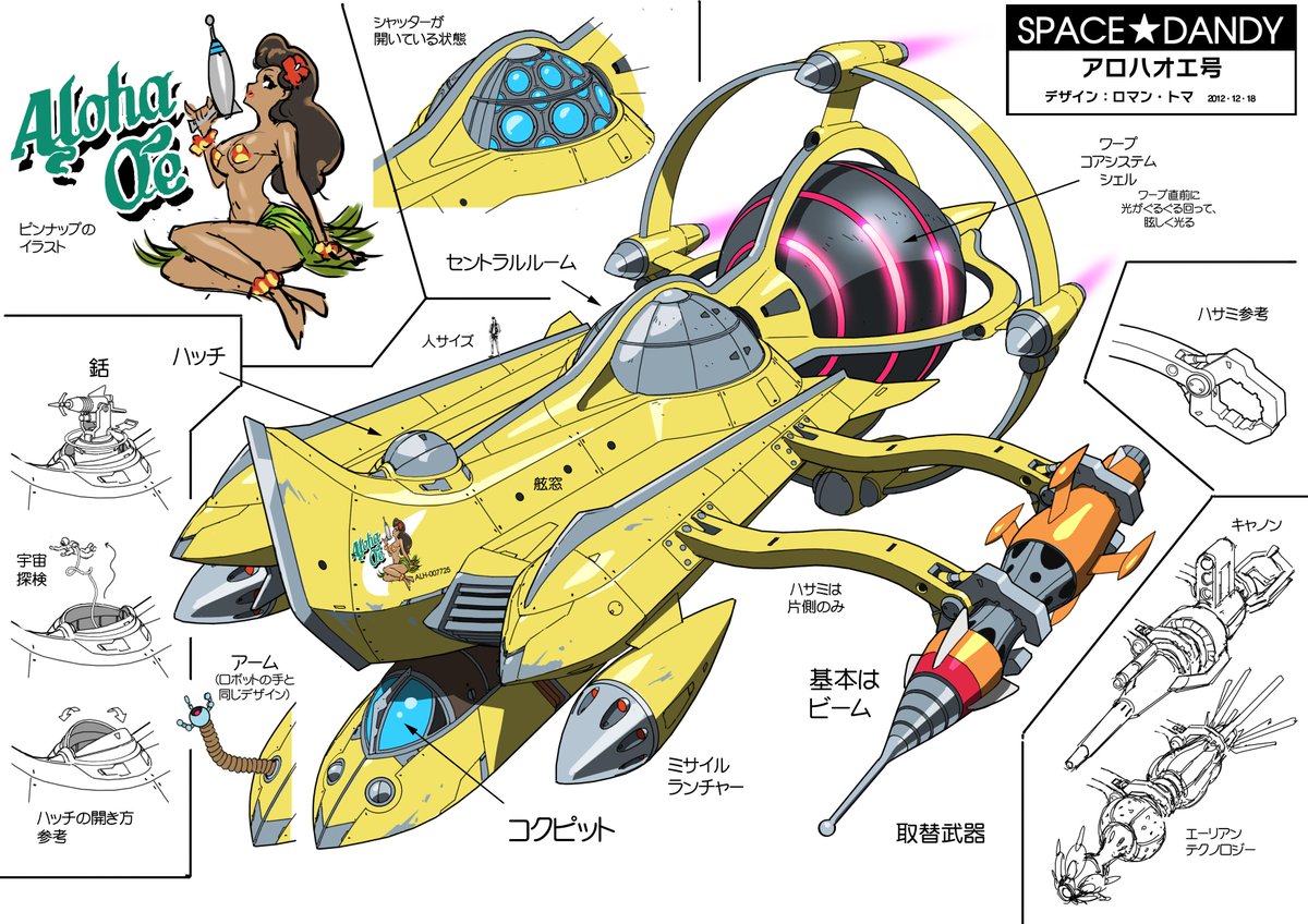スペースダンディの宇宙船。一番最初のスケッチ/出来上がったデザイン