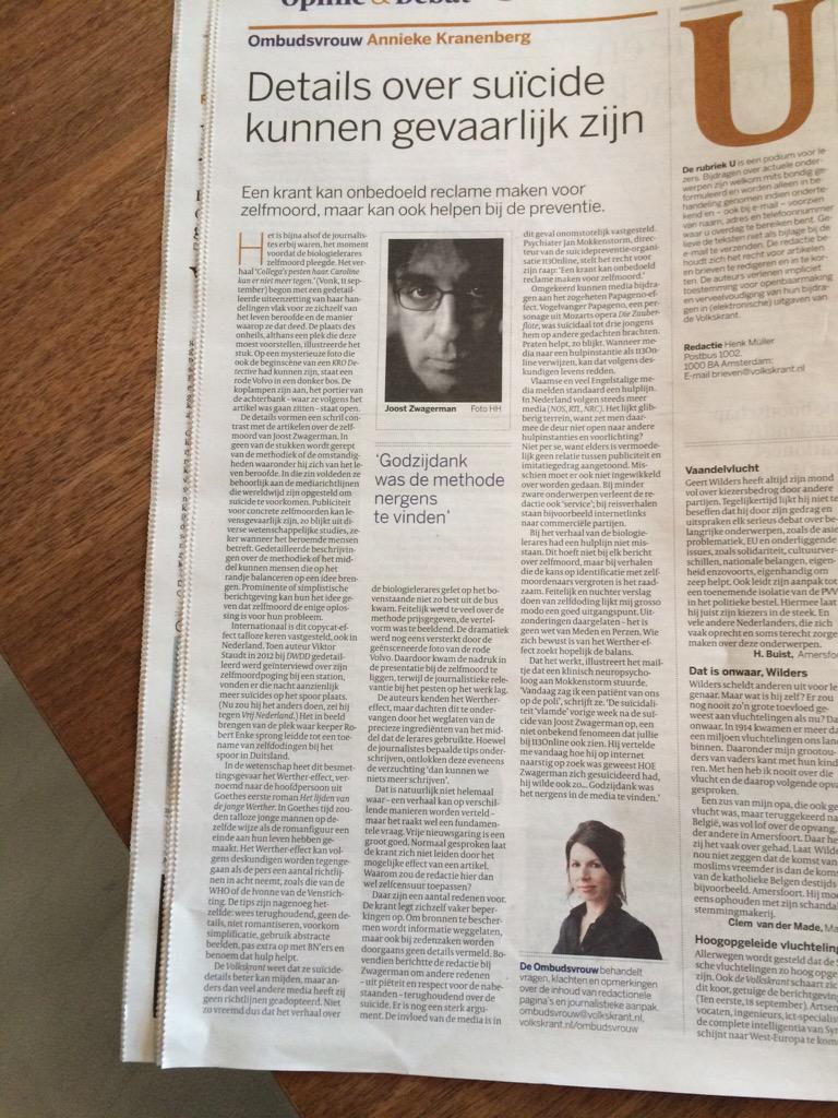 Ombudvrouw <a href="/volkskrant/">de Volkskrant</a> slaat plank volledig raak met stuk over suicideberichtgeving