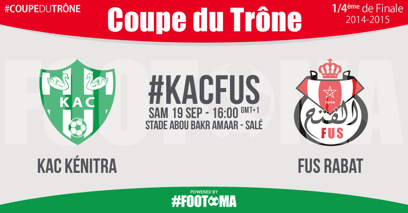 FOOTOMA's tweet photo. Club de Kénitra🆚Fath de Rabat, 1/4ème de finale #CoupeDuTrône à partir de 16:00.
#KACFUS #FOOTOMA #Twittoma http://t.co/FxYBpJSUve
