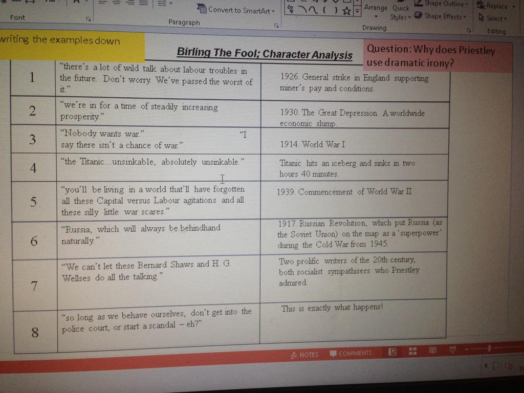 10E1: Birling quotes to highlight proleptic irony. Find them in your text and annotate.