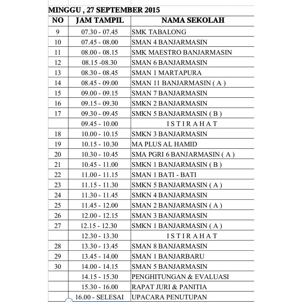 PasspendugaBJM's tweet photo. MINGGU 27 SEPTEMBER 2015
PERUBAHAN NO URUT dan WAKTU TAMPIL 
DIKARENAKAN SMAN 1 BANJARMASIN MENGUNDURKAN DIRI http://t.co/vdRn0tJXdk