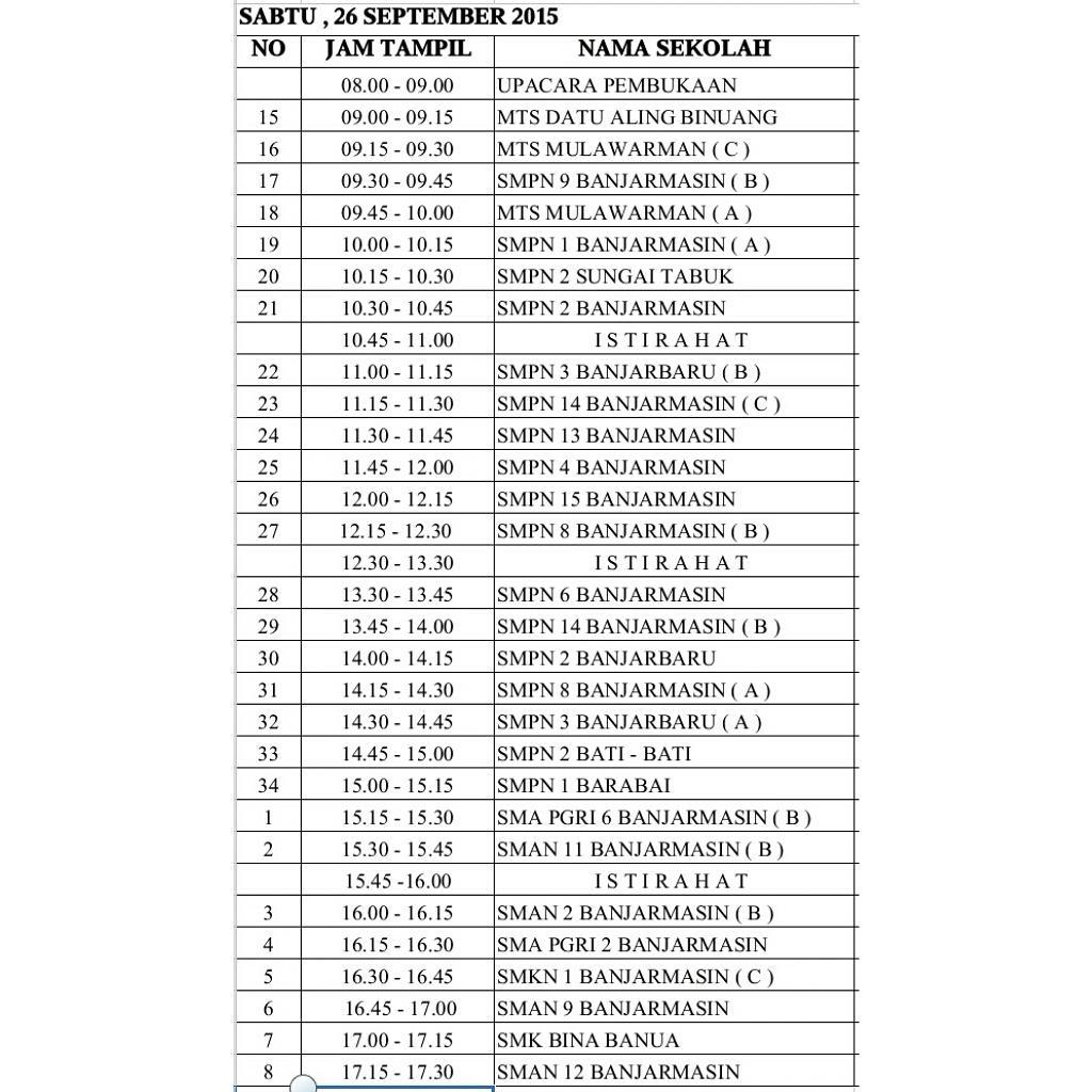 PasspendugaBJM's tweet photo. SABTU, 26 SEPTEMBER 2015
PERUBAHAN NO URUT dan WAKTU TAMPIL 

DIKARENAKAN SMAN 1 BANJARMASIN MENGUNDURKAN DIRI http://t.co/olOTwQvWYn
