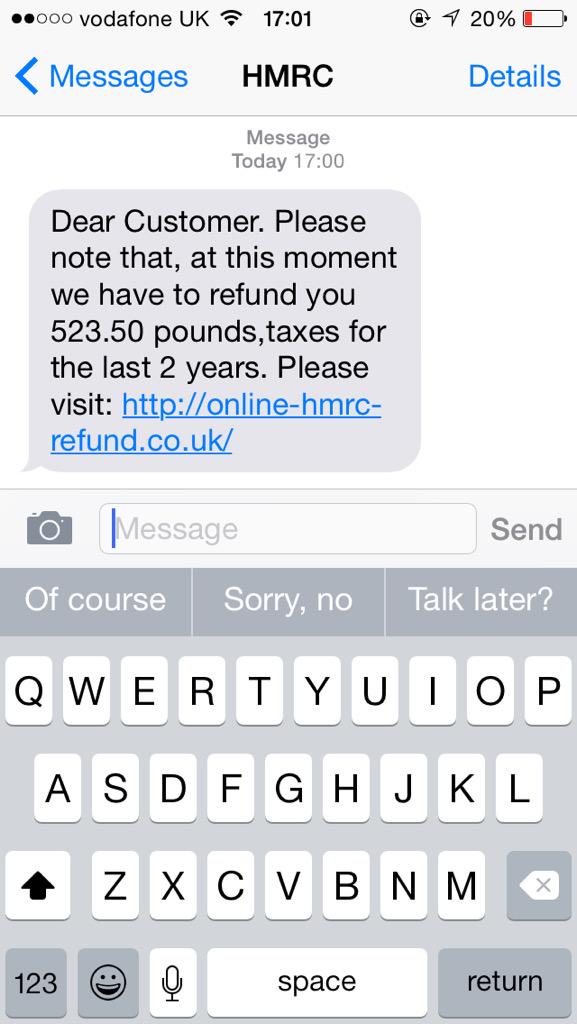 lauraxmac's tweet photo. Thought i was getting a nice wee tax rebate before going to oz, nah it's a scam wanting my bank details @HMRCgovuk http://t.co/xZmwsHYaoM