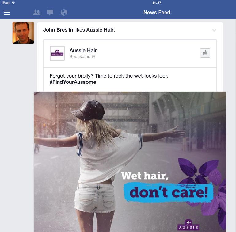 gabig58's tweet image. Ha ha! FB just told me - in one of the sponsored ads - that @johnbreslin liked Aussie Hair! #brokenalgorithm