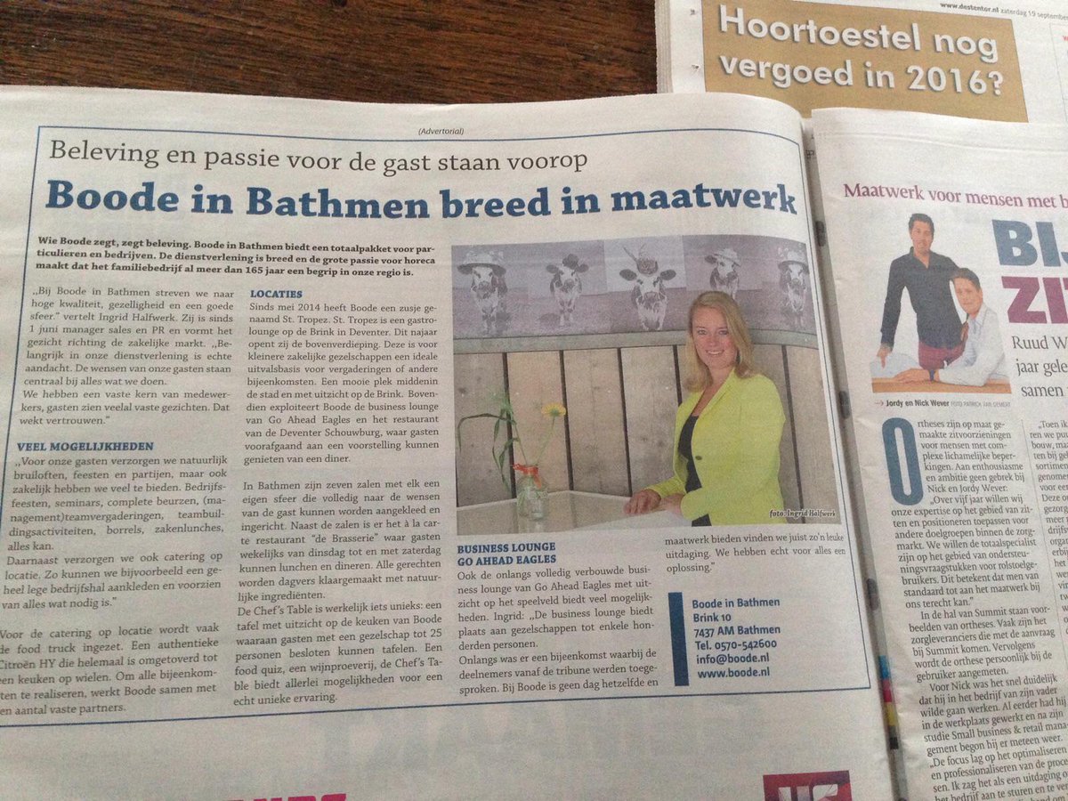 "Boode in Bathmen breed in maatwerk". Een leuk artikel over de beleving en passie bij Boode. #Horeca #passie