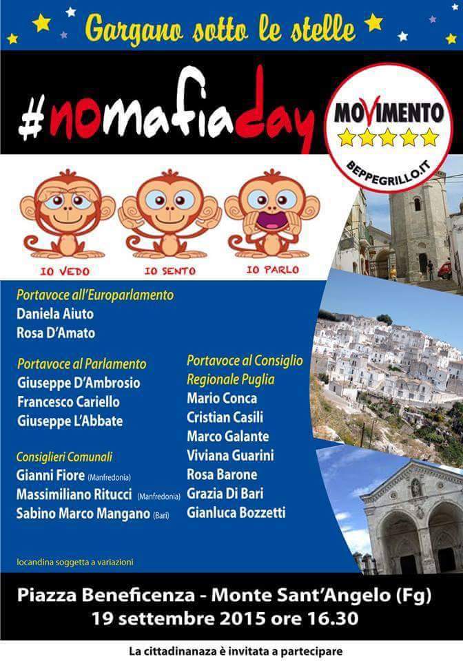 viviana_guarini's tweet photo. Tra poco saremo a Monte Sant'Angelo, Comune sciolto per infiltrazione mafiosa!
#m5s
#nomafiaday http://t.co/DA7Fs2jzQk