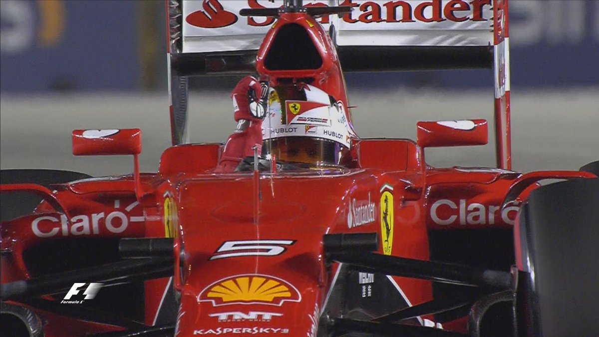 F1's tweet photo. BREAKING - Sebastian Vettel will be on pole position for the #SingaporeGP with Ricciardo second and Raikkonen third http://t.co/crxma9cNSq