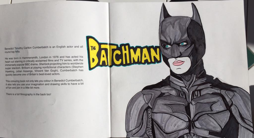 Cumberbuddy's tweet photo. Well that kept me quiet during the football! #ColourMeBenedict A better disguise than his usual perhaps? #Batchman http://t.co/EtQNVr05p4