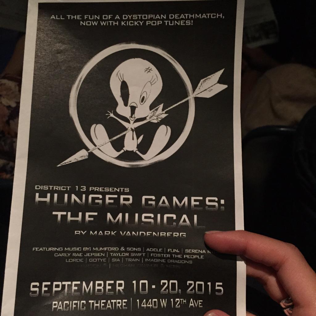 janice__mac's tweet photo. Saw Hunger Games the musical last night. It was Awesome! Airambc77 #HGMusical #VanFringe #MarkVberg http://t.co/LjB5ugQ8Wk