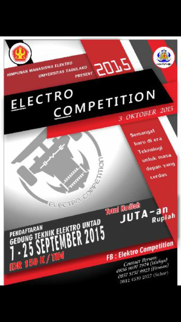 HME_UNTAD's tweet photo. Teman2 buruan daftarkan tim anda di electro competition "kontes Robot line Follower" tgl 3 oktober 15
Cp:085696977974 http://t.co/jt68qawP66
