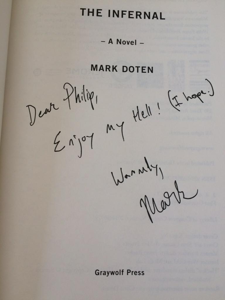 Berryman100's tweet photo. Can't wait to get stuck into The Infernal by @markdoten brought fr Brooklyn to Dublin by @belindamckeon Thanks both! http://t.co/f6ARXNC09c
