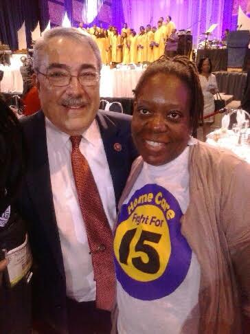 CareIsEssential's tweet image. Home Care #FightFor15 worker Elizabeth w/ @OfficialCBC co-chair @GKButterfield at 45th #CBCFALC15 Prayer Breakfast