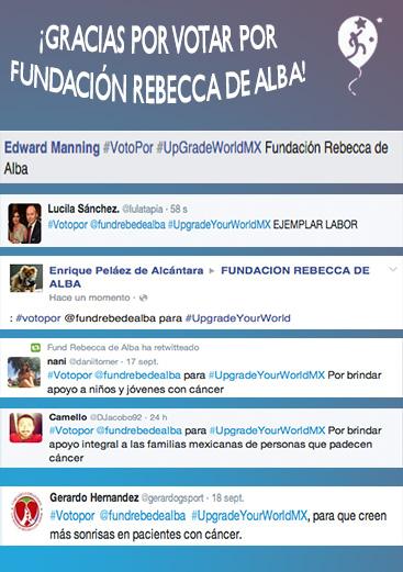 fundaciondealba's tweet photo. Gracias @lulatapia  @daniitorner @DJacobo92 @gerardogsport  por votar por Fundación Rebecca de Alba. http://t.co/TfDM5CRDdt