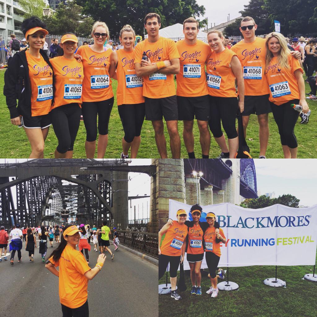 MCSPORTANDENT's tweet photo. The Stegglers were in force today for the Blackmores 9km Harbour Bridge Run🏃🏽🏃🏽🏃🏽@StegglesAus @Blackmores #steggles http://t.co/ypKWRZoyVC