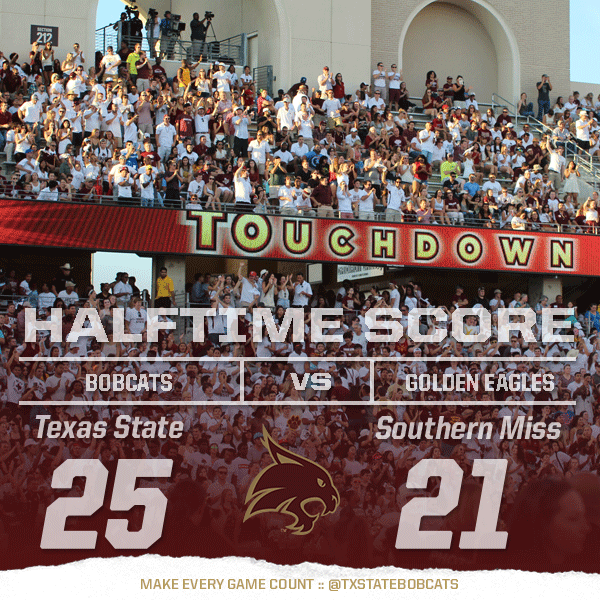 TxStateBobcats's tweet photo. The Bobcats are WHITE HOT!!
It's halftime in San Marcos, #TXST - 25 #USM - 21.
#USMvsTXST #TXSTWHITEOUT http://t.co/KdjFZBmQlG