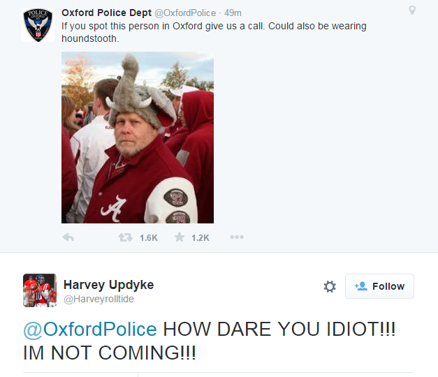 espn's tweet photo. After Ole Miss won, @OxfordPolice warned its citizens about a certain tree poisoner.

Harvey Updyke was not amused. http://t.co/8rK7otBENk