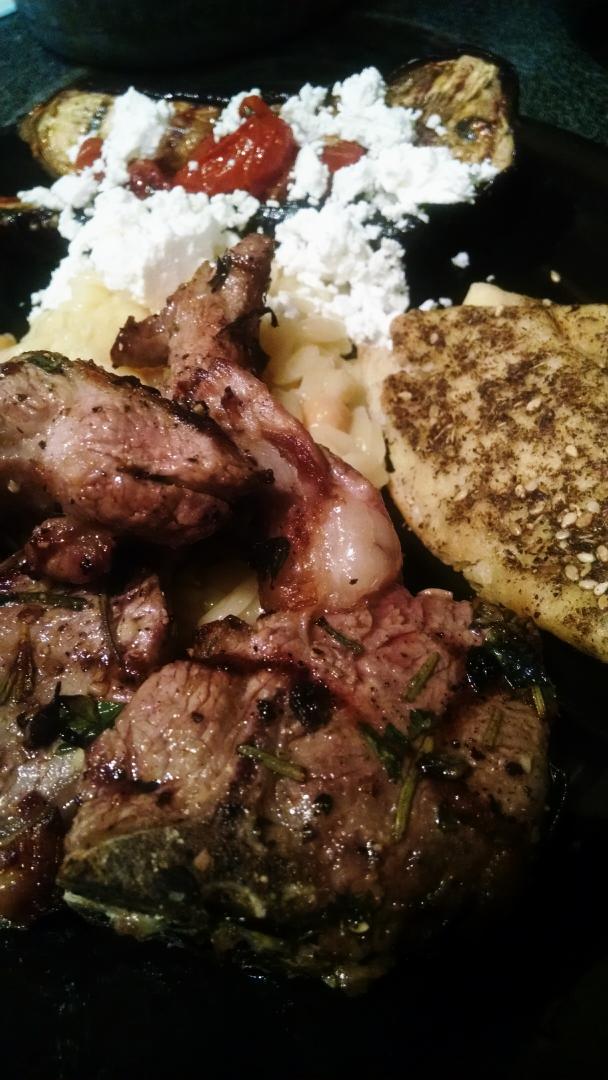 Surlyiously's tweet image. Lamb chops, orzo w chickpeas, grilled eggplant, melted garden tomatoes, Bulgarian feta. #kitchenbitch #NoFilter