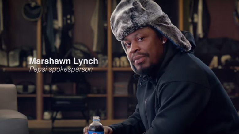 BleacherReport's tweet photo. VIDEO: Marshawn Lynch endorses Pepsi without saying a word in new commercial http://t.co/SM7Einnh8S http://t.co/VKBaBEXnWc