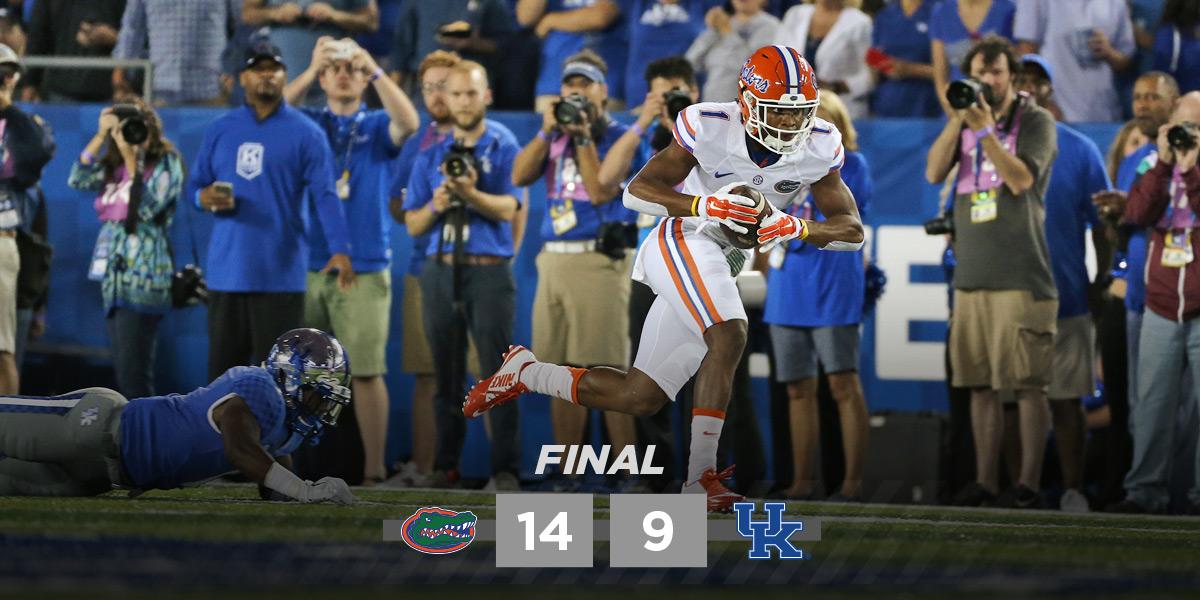 GatorsFB's tweet photo. FINAL in Lexington. #Gators survive 14-9. 

29-straight wins over Kentucky. #UFvsUK http://t.co/ZusqQXXI1I