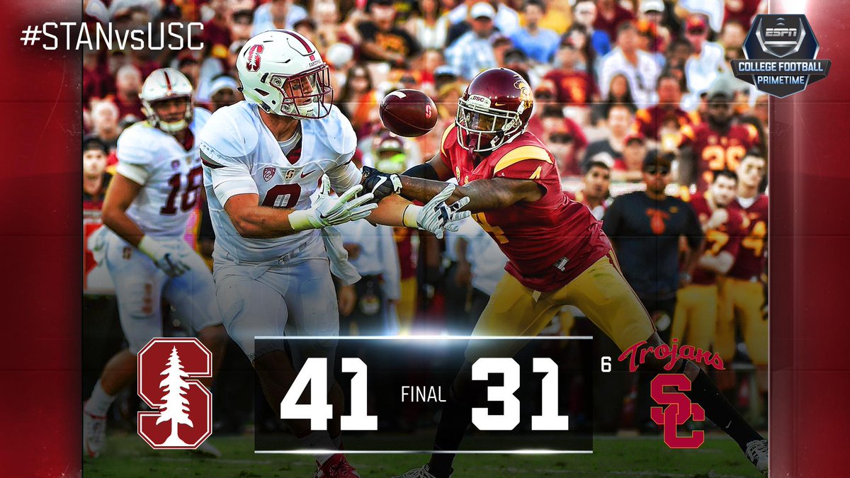 ESPNCFB's tweet photo. Stanford wins! Cardinal defeat #6 USC, 41-31. QB Kevin Hogan: 279 Yds, 2 TD &amp; earns first win vs. Trojans #STANvsUSC http://t.co/oRzpXEwYJo
