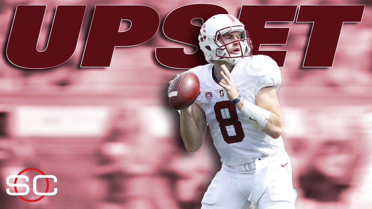 SportsCenter's tweet photo. 10-point underdog Stanford wins by 10 against No. 6 USC, 41-31.

Kevin Hogan: 18-23,279 Yds, 2 TD http://t.co/FeoyCVswE1