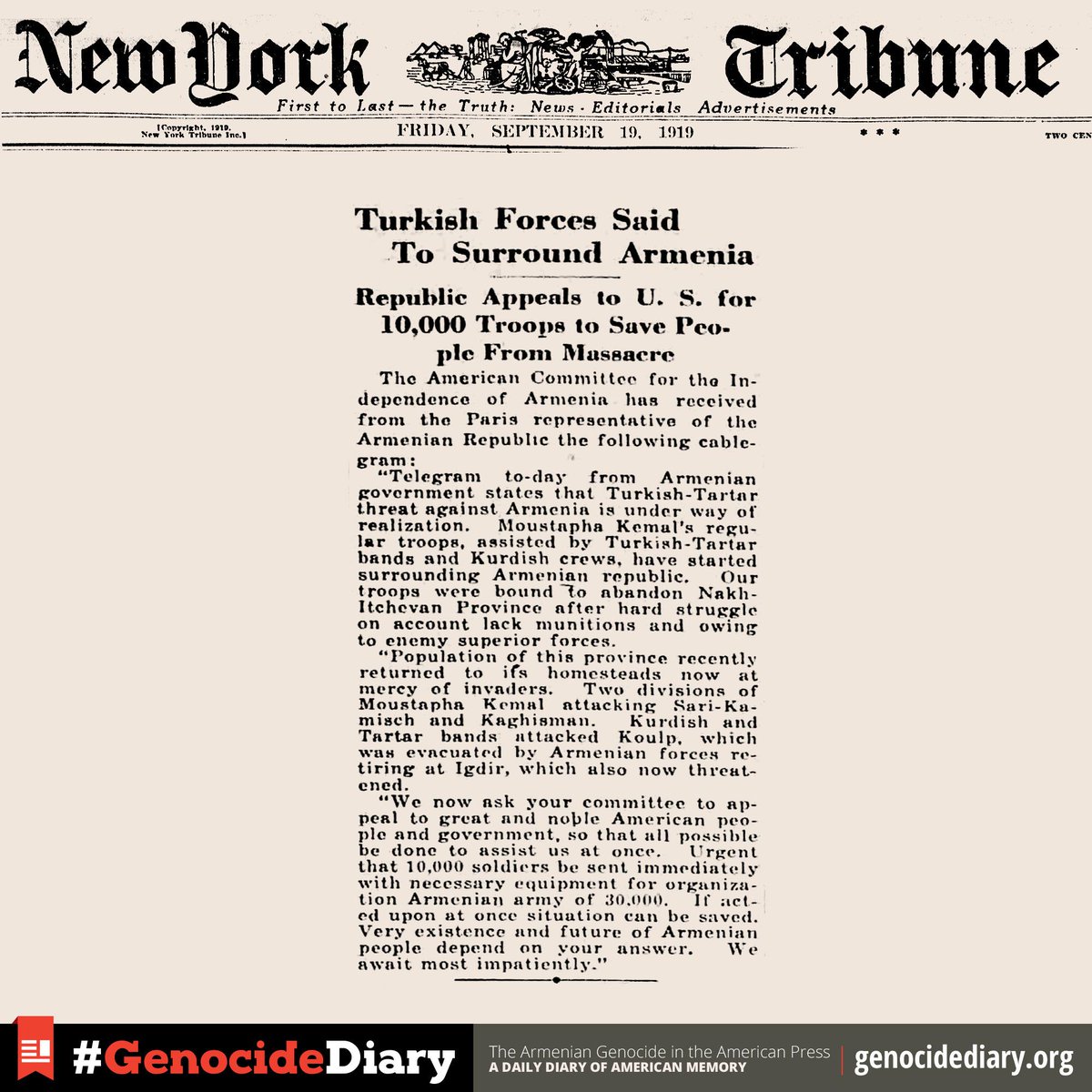 ANCA_DC's tweet photo. Surrounded: A landlocked Armenia calls for help | 9/19/1919 | New York Tribune #GenocideDiary #ArmenianGenocide http://t.co/vxR682mCIE