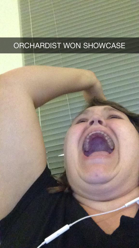 jennaclarek's tweet photo. My reaction to @The_Orchardist winning showcase (finally) http://t.co/EX7ugmCcY0