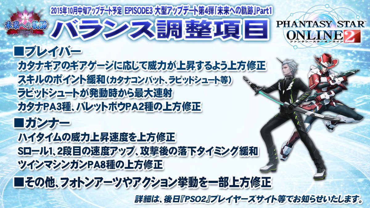 ブレイバーとガンナーに、複数のバランス調整項目があります。その他、PAやアクション挙動を一部上方修正します。