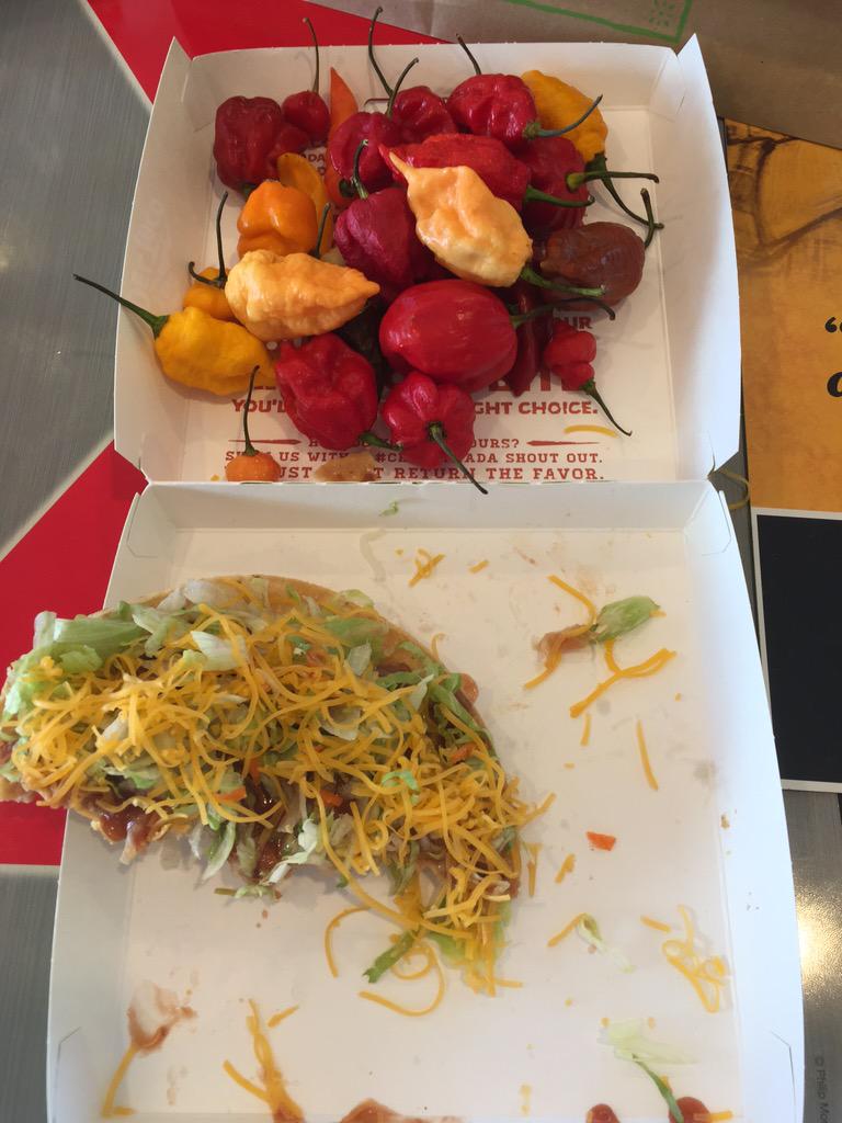 Hey <a href="/DelTaco/">Del Taco</a> I #crunchtada with the hottest peppers in the world. #carolinareaper #ghostpeppers