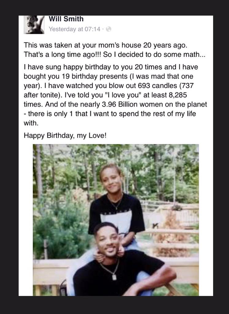 Sidenote: can we take a moment to appreciate Will Smith wishing Jada Happy Birthday on Facebook 