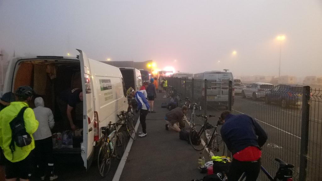 HydroWateraid's tweet photo. Bonjour !! Getting the bikes ready. A very cold and foggy start, welcome to France. #OneHydro PC http://t.co/AKkZ8H0kVA