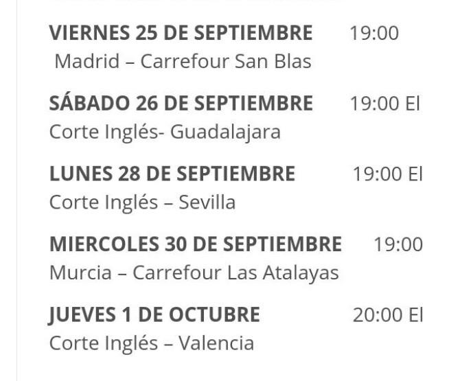 Estas son las primeras 5 fechas de firmas de discos! Vendrán más! Deseando veros a todos!! #JustoAhoraYSiempre