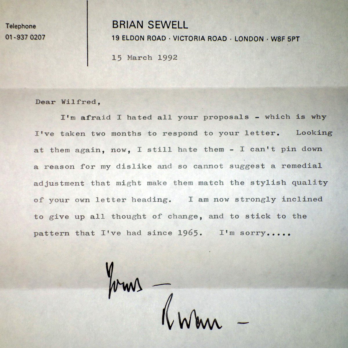 R.I.P. #briansewell 23 years ago he asked me to redesign his letterhead. I sent him ideas and this was his response.