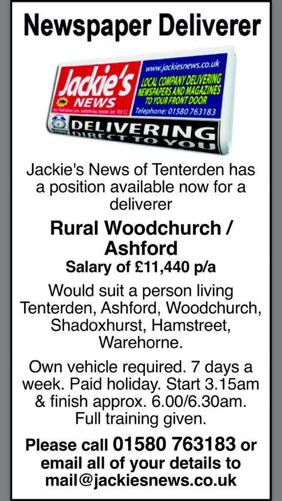 Delivery job to start immediately. Round will get bigger so overpaid to start. Give Guy a call on 07733277364