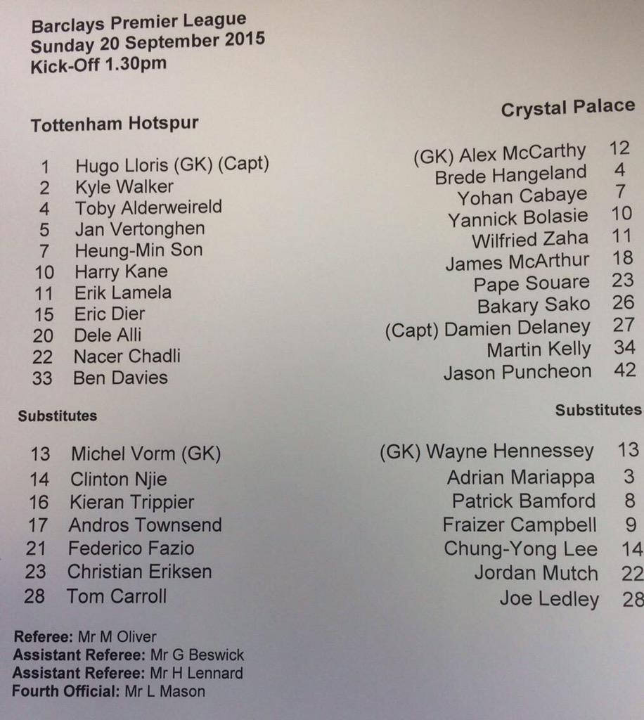 TipBanking's tweet photo. Teamsheet for Spurs V Palace today #thfc #cpfc http://t.co/og1tMrCcYg