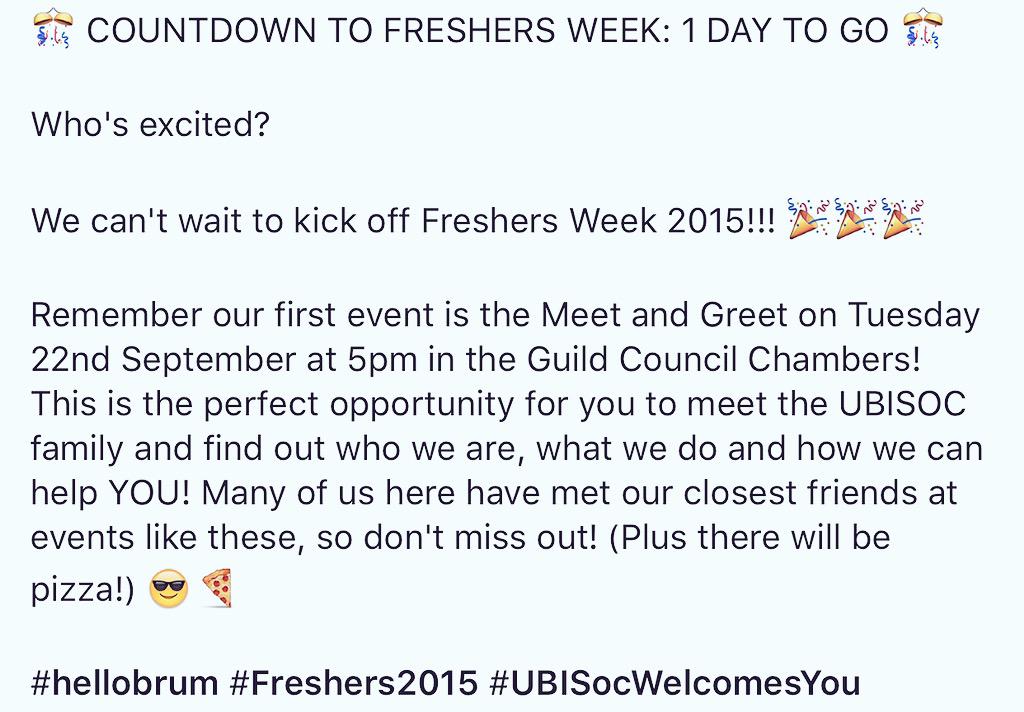 UBISOC's tweet image. #hellobrum #1daytogo #Freshers2015 ✨👍😎