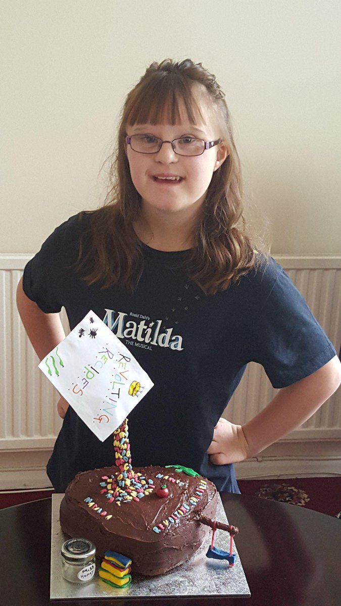 TeamTegan1's tweet photo. Tegan aged 14 and her Bruce Chocolate and Miss Honey cake. @MatildaMusical #MatildaBakeOff http://t.co/y7qbi80CnW