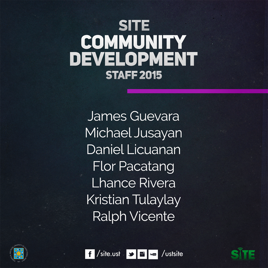USTSITE's tweet photo. The COMMUNITY DEVELOPMENT STAFF 2015-2016
Congratulations!
#TeamCOMDEV
#SITEStaffApplications1516 http://t.co/KIPjjsYB3t