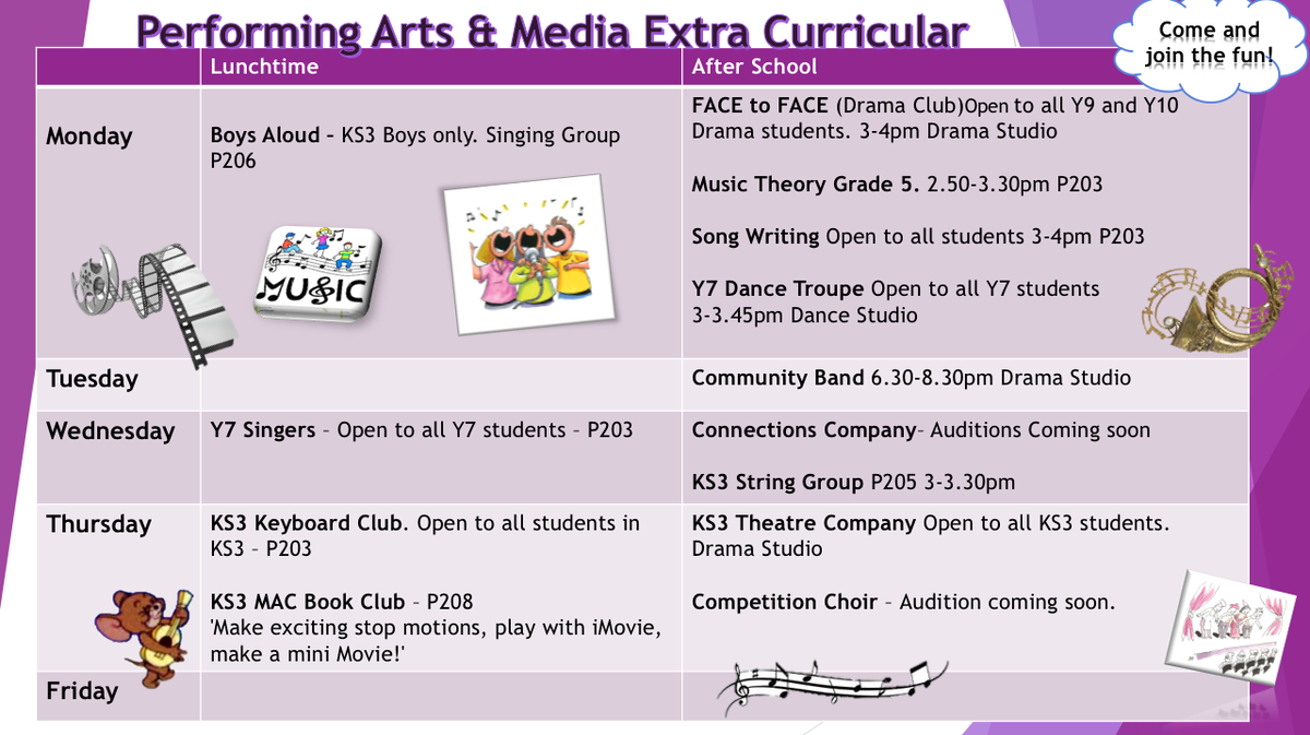 Welcome to a new year in the Performing Arts at Penistone.
Check out the timetable for extra-curricular activities!