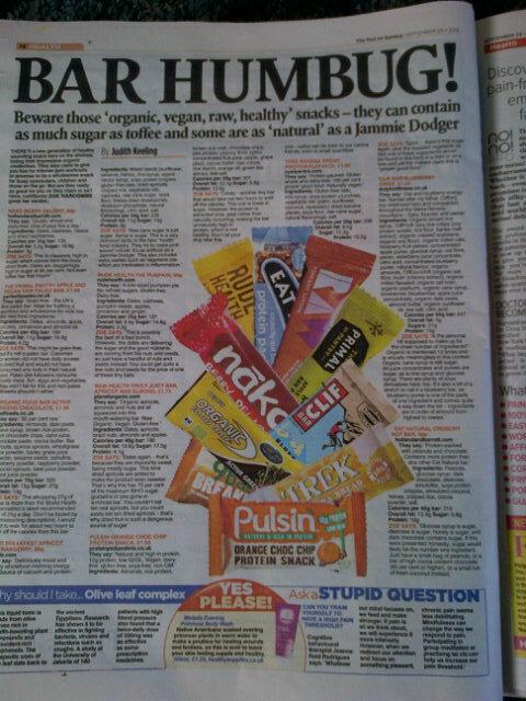 JoClubbSportSci's tweet photo. Pretty shocking contents in some of these 'organic, vegan, raw, healthy' snack bars in the Mail on Sunday... http://t.co/V4UyJ91quT