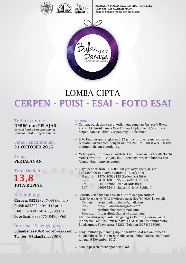 <a href="/osisganesma/">OSIS SMA Saraswati</a> Ikuti Lomba Cerpen, Puisi, Esai, dan Foto Esai #BBUGM2015| Total Hadiah Rp13,8Jt | DL 21 Oktober 2015