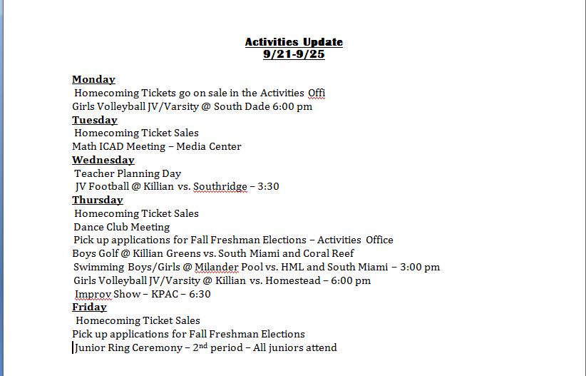 miamikilliansr's tweet photo. Activities update for this week.  Make sure you get involved #knation http://t.co/XtQjFXJ4ss