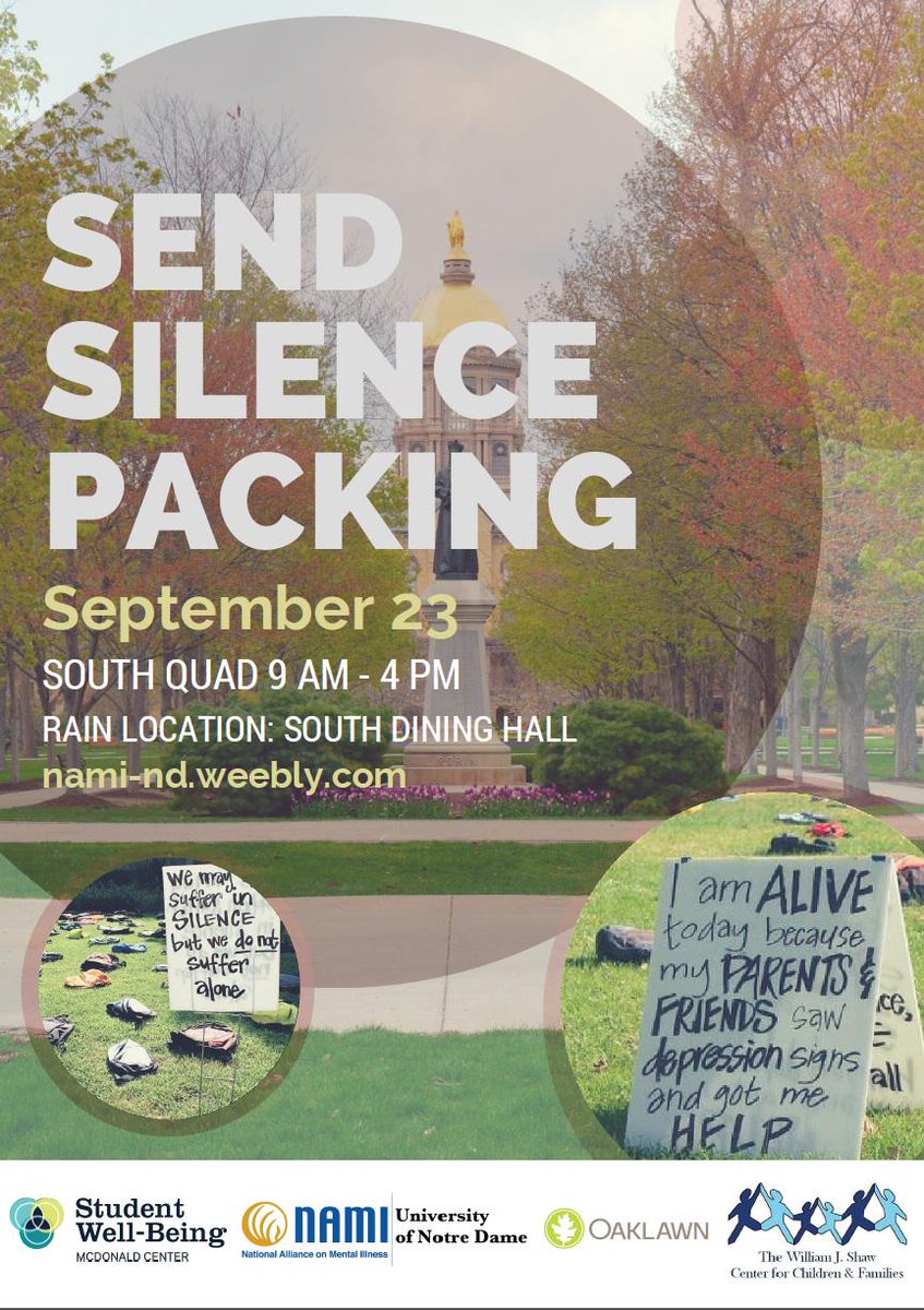 ActiveMindsND's tweet image. Hi all, NAMI-ND will be hosting Send Silence Packing this Wed, 9/23 on South Quad from 9-4. Please spread the word!