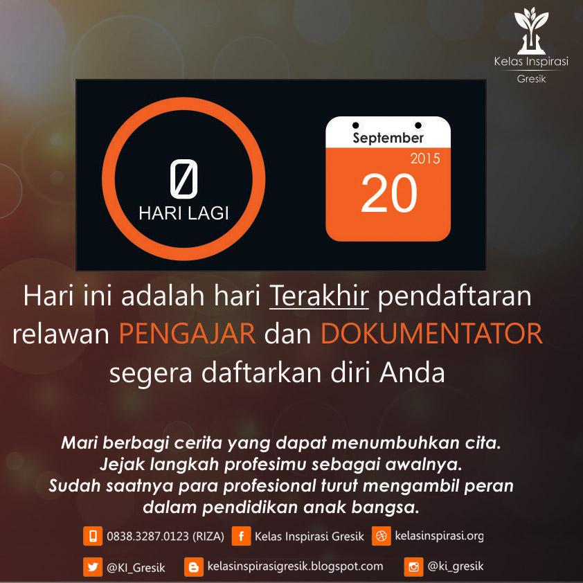 KI_Gresik's tweet photo. Tanggal 20 september 2015 (hari ini) adalah hari terakhir pendaftaran KI Gresik 2015 loh.

Kamu sudah mendaftar ??? http://t.co/BWcjiEpVA4